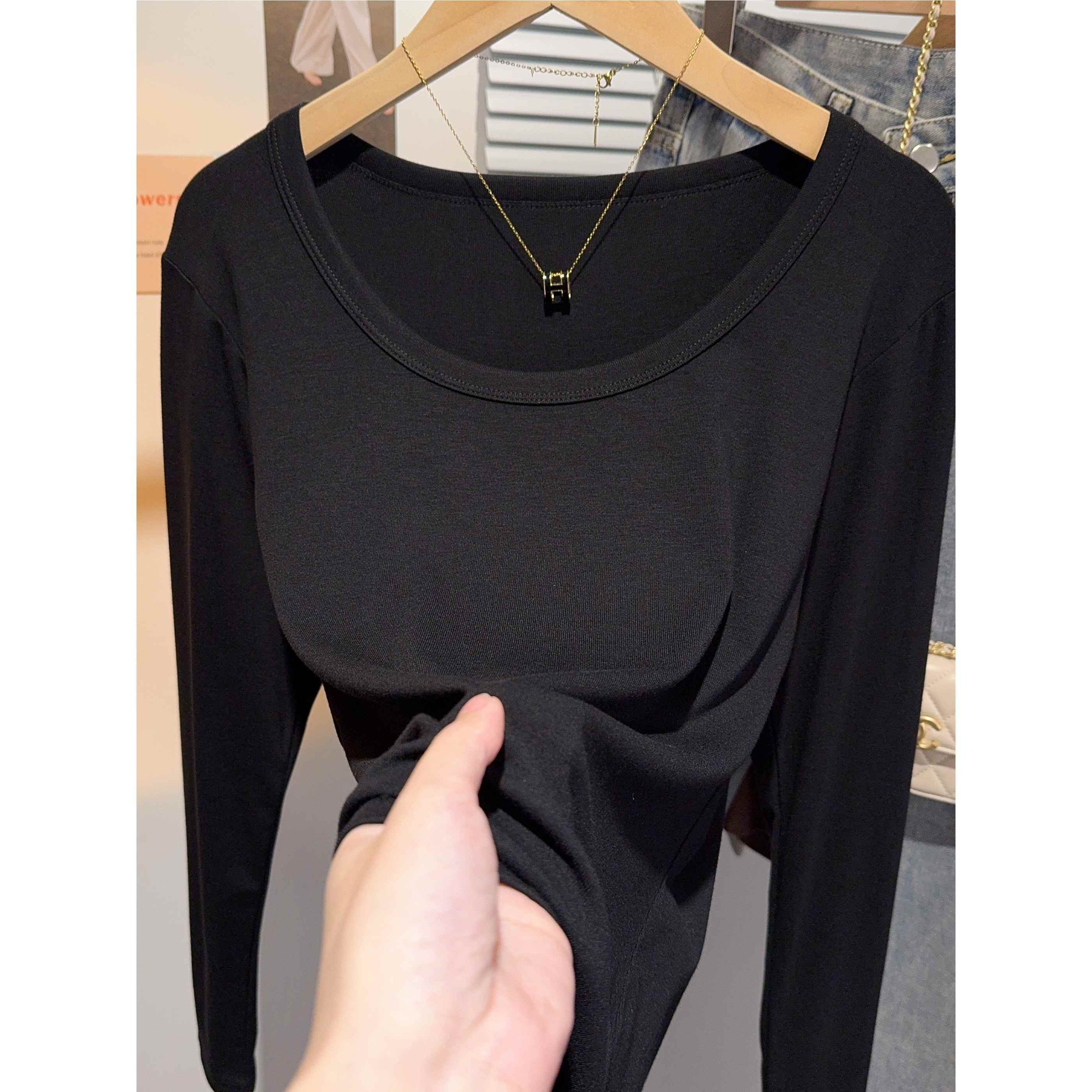 韩国早春新款螺纹黑色打底衫女修身显瘦大领口露锁骨长袖t恤洋气