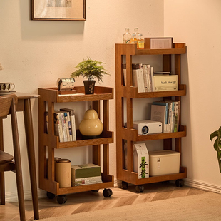 小推车置物架家用多功能储物架子零食收纳架全实木可移动落地书架