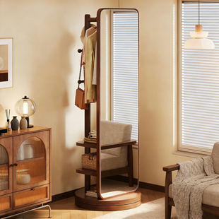 实木全身镜落地家用穿衣镜卧室可旋转移动试衣镜带挂衣架一体镜子