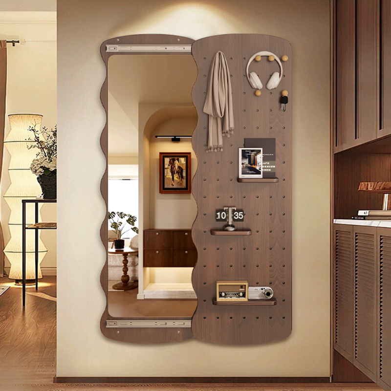实木洞洞板穿衣镜隐藏式推拉全身镜子家用可关闭壁挂墙玄关试衣镜