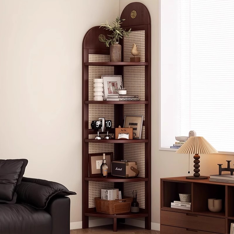 中古藤编转角置物架轻奢复古高级感置物柜靠墙拐角书柜落地书架子