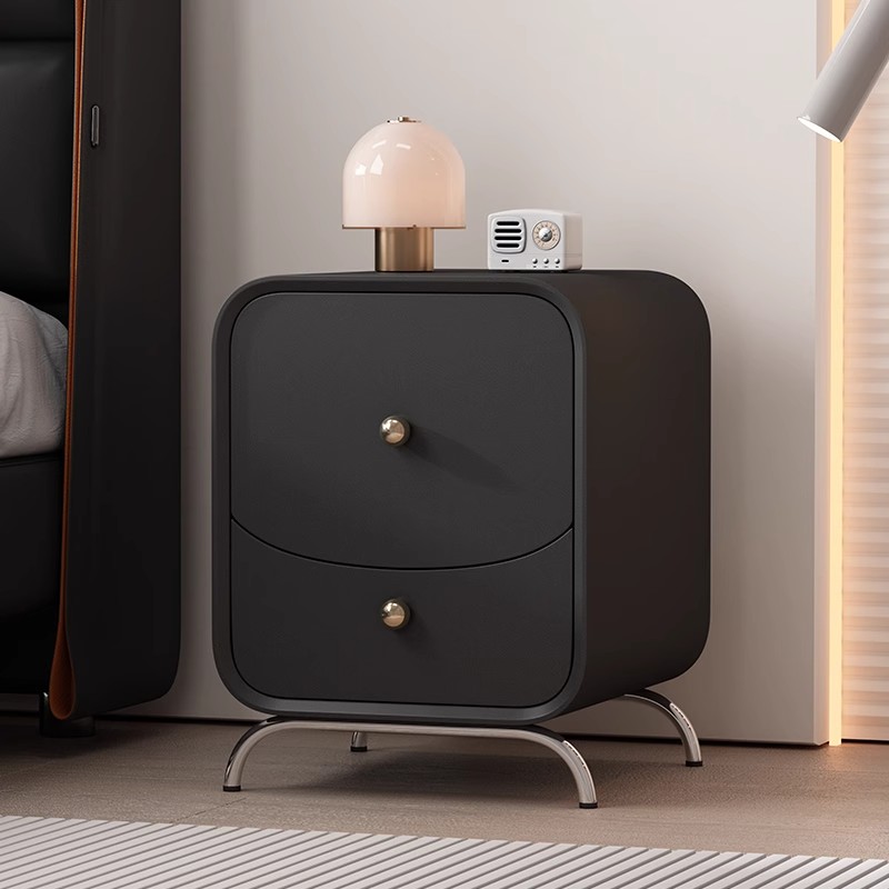 现代简约黑色方形双抽屉床头柜