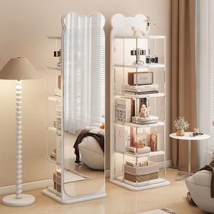 实木小熊旋转穿衣镜可移动全身落地镜亚克力书架一体储物试衣镜子