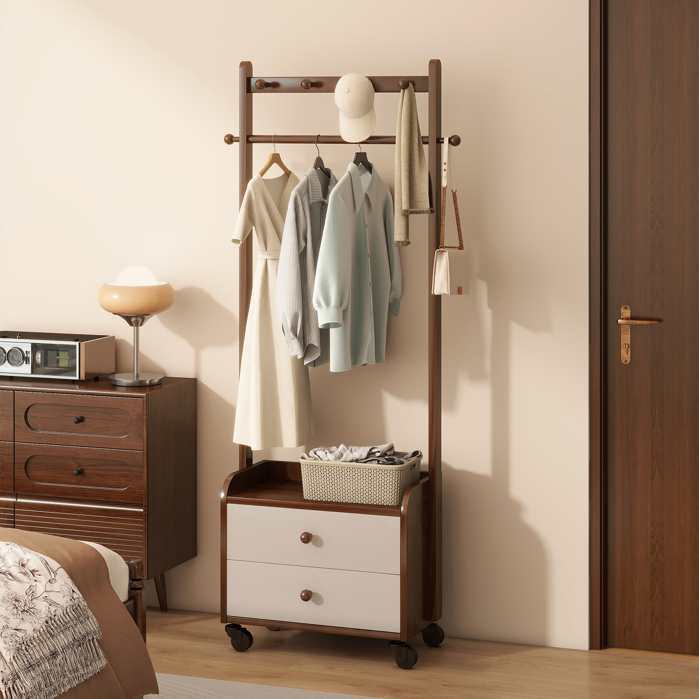 实木床头柜衣帽架一体家用卧室床边收纳挂衣架落地多功能置物架
