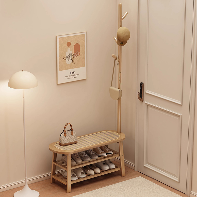 换鞋凳家用门口可坐鞋柜穿鞋凳子入户门实木藤编挂衣架一体衣帽架
