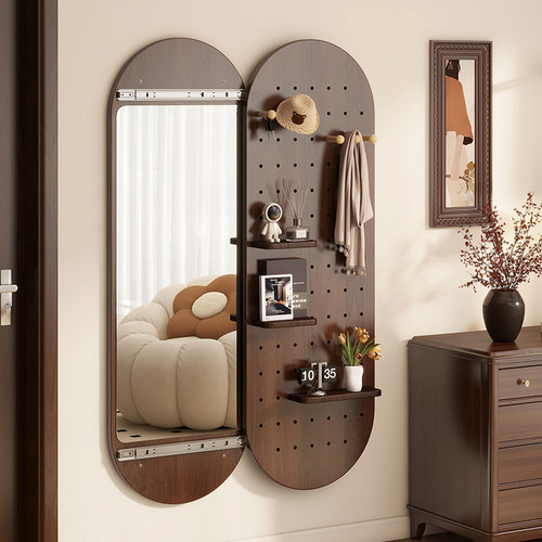 洞洞板全身镜实木隐藏式推拉镜子全身镜家用可关闭玄关壁挂全身镜