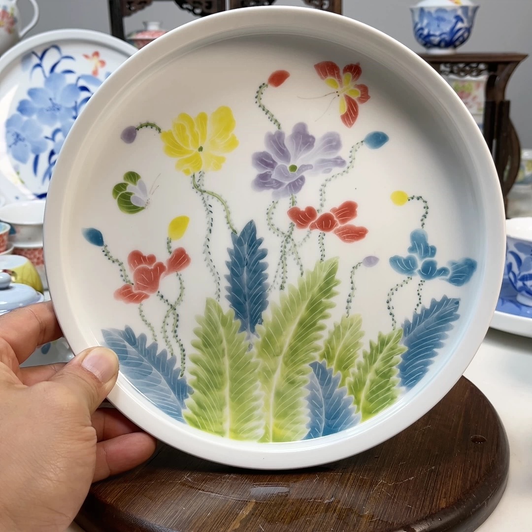 景德镇陶瓷器釉里红粉彩壶承赏盘摆件果盘柴窑盘子虞美人釉下彩