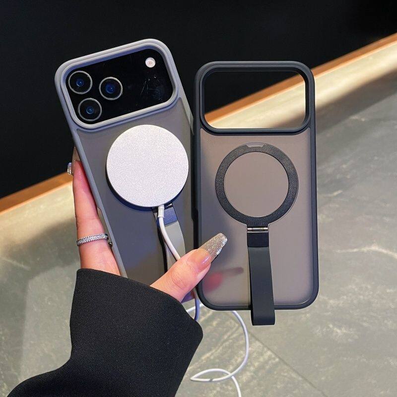 手带式磁吸支架适用苹果17手机壳大孔iPhone15promax磨砂半透14pro高级13折叠支点12全包防摔i16pm肤感手提扣