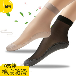 棉底丝袜短袜子女防勾丝耐磨春秋薄款水晶丝玻璃夏季黑肉色防滑钢