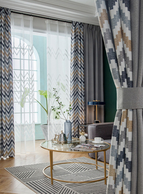 简约现代窗帘成品遮光北欧几何棉麻风格拼接客厅卧室飘窗网红ins