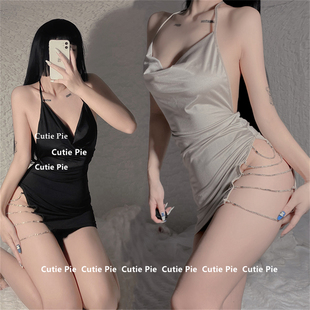 cutie：性感深V吊带睡裙露背侧面开叉水钻链条捆绑挂脖家居睡衣女