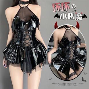 cutie：小恶魔性感亮面PU挂脖绑带透短裙套装 网纱cos酒吧少女制服