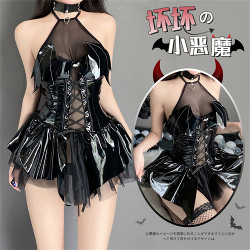 cutie：小恶魔性感亮面PU挂脖绑带透短裙套装网纱cos酒吧少女制服