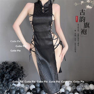 cutie：内衣复古盘扣性感绑带高开叉提花缎旗袍睡裙T裤 睡衣缎面女