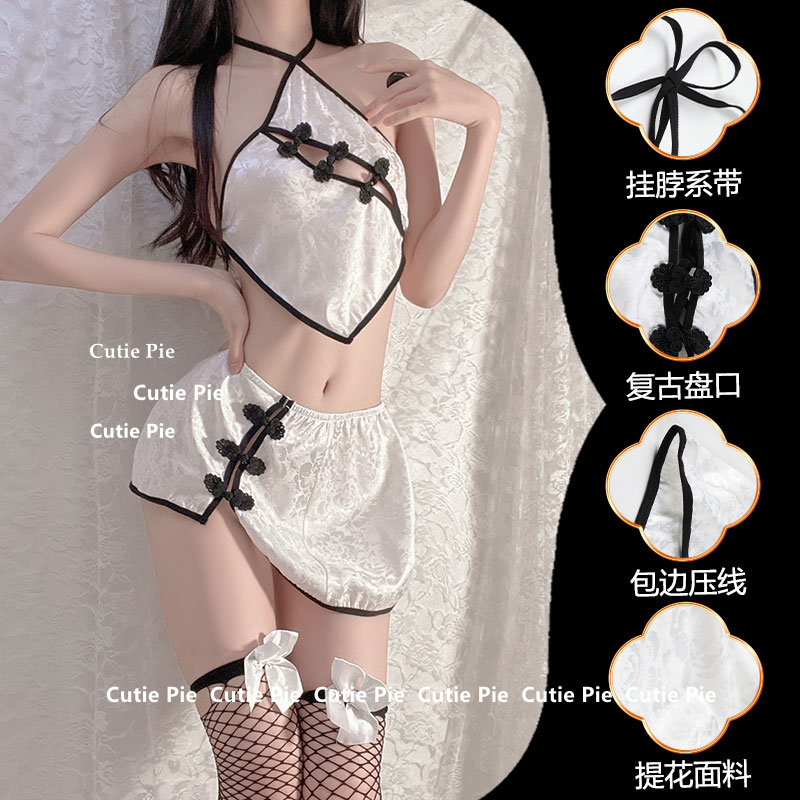 cutie：内衣性感提花火辣镂空诱惑挂脖旗袍三点显瘦美腿制服套装