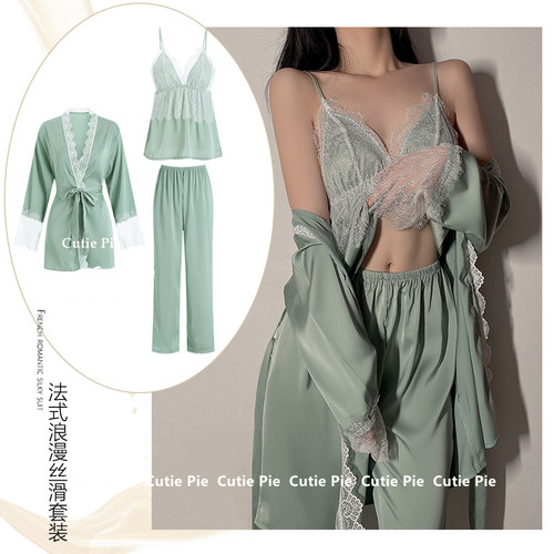 cutie：做你的猫 夏夜定制 性感深v缎面蕾丝私房睡衣女法式家居服