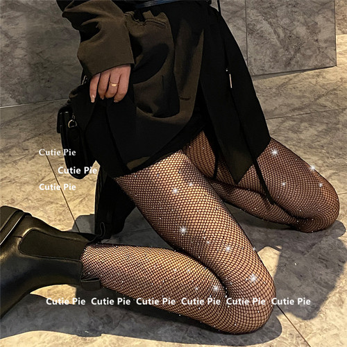 cutie:欧美烫钻网格袜渔网袜大中小网眼连裤袜子烫钻黑丝女丝袜女