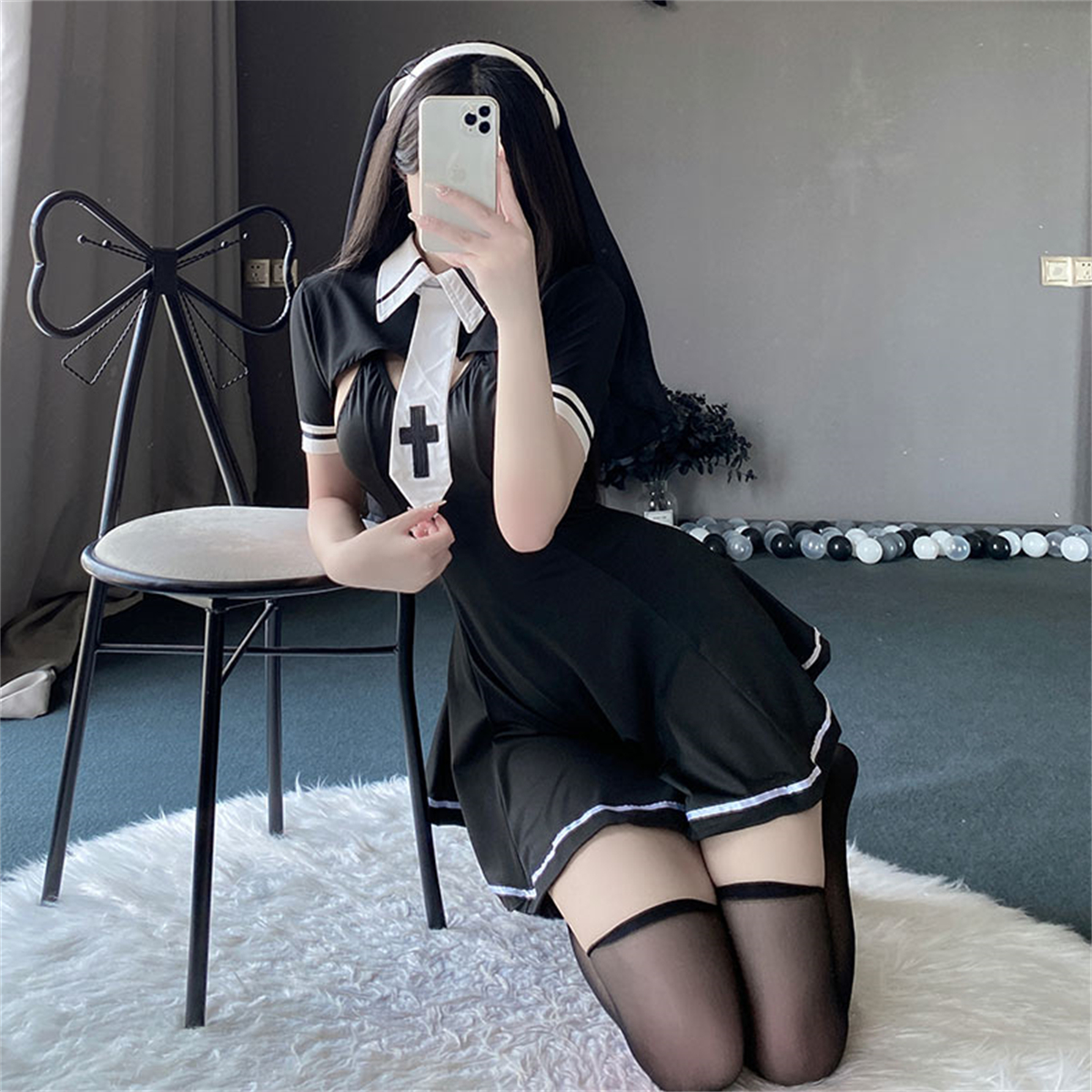 cutie做你的猫内衣酒吧夜店装纯欲修女制服小胸睡衣套装黑丝