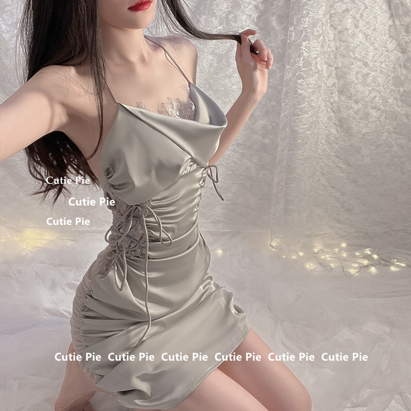 cutie：秋冬性感褶皱收腰显瘦睡衣挂脖透视吊带睡裙女家居服套装