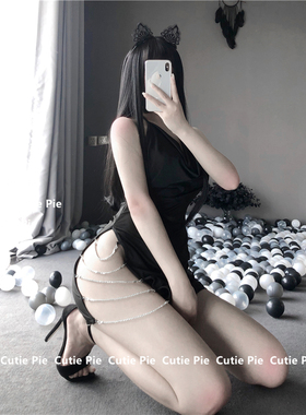 cutie：做你的猫 内衣性感显瘦吊带短裙黑丝秘书装家居服黑色深V