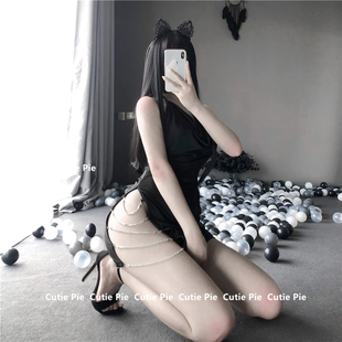 cutie：做你 家居服黑色深V 猫 内衣性感显瘦吊带短裙黑丝秘书装