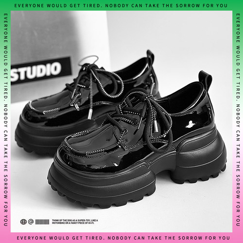 真皮版！厚底小皮鞋～春秋新款松糕英伦乐福鞋女踩屎感黑色皮鞋女