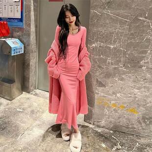 社会女套装秋冬纯欲风气质针织开衫外套+长款连衣裙冷淡系两件套