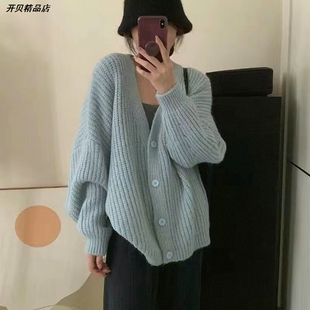 初蕴宽松粗针女新款毛线蝙蝠袖毛衣针织衫显瘦开衫上衣春秋慵懒风