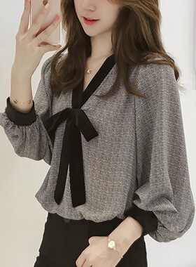 雪纺衫V领上衣洋气打底春秋季内搭蝴蝶结女文艺小衫女装新款衬衣