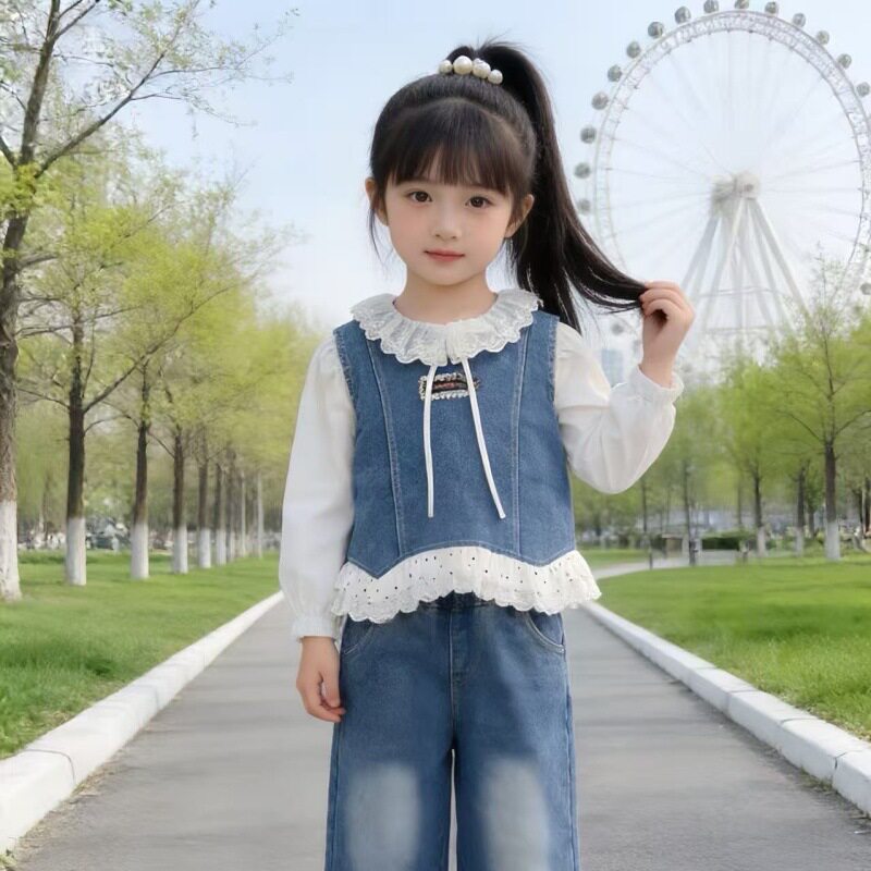 女童秋装三件套1-2-3-4岁半儿童装宝宝时髦洋气衣服牛仔马甲长裤