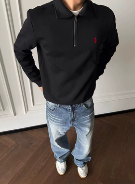 DSRG老钱风小马刺绣AD双面翻领半拉链卫衣重磅POLO长袖休闲外套男