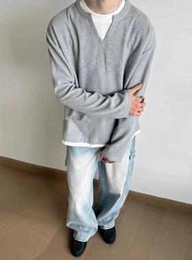 DSRG美式华夫格假两件显壮高级感圆领打底衫高级感老钱风长袖卫衣