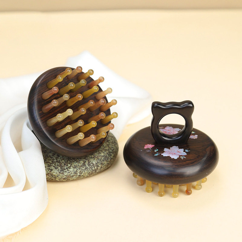 紫光檀鲍鱼贝猫耳指环羊角齿钉钉梳顺发便携小随身梳子送礼定制