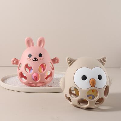 宝宝食品级硅胶摇铃牙胶 婴儿卡通兔子猫头鹰训练抓握能力玩具