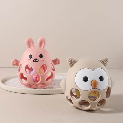 宝宝食品级硅胶摇铃牙胶 婴儿卡通兔子猫头鹰训练抓握能力玩具