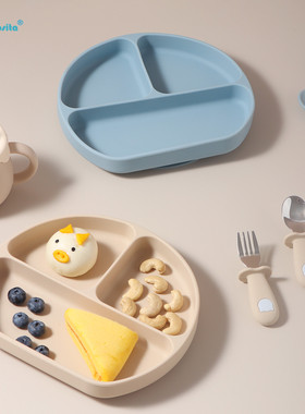 宝宝食品级硅胶吸盘餐盘 316不锈钢叉勺宝宝自主进食辅食防摔餐具