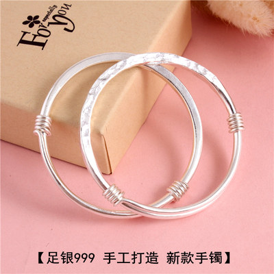 手工纯银手镯推拉方镯子实心S999