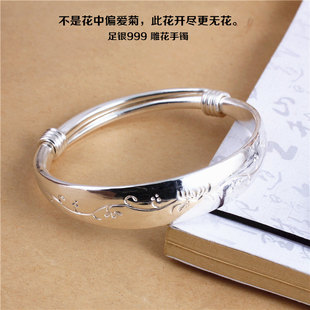 手工银手镯 999纯银 女 经典 复古银镯子 刻花雕花 扁镯 伸缩推拉