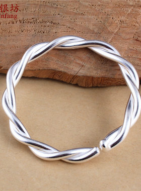 仙记银坊纯手工 开口纯银手镯999年轻女拧花麻花银镯子手环简约饰