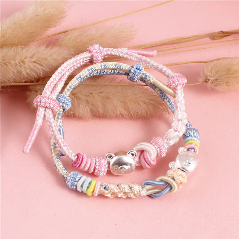 足银999轻松熊编绳手链纯银手链