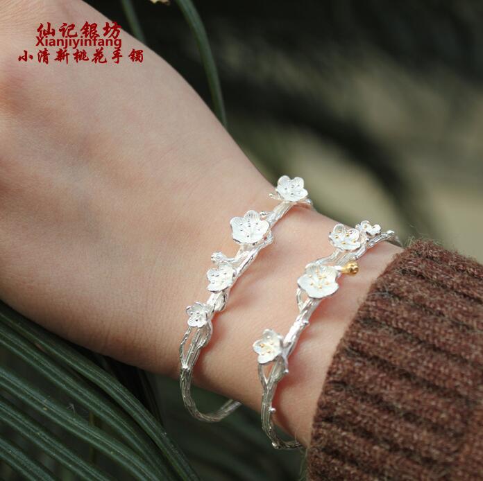 文艺素银 足银999 银手镯女可爱桃花樱花送女友银镯子开口银饰品