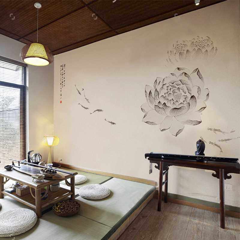 中式3d古风意境水墨荷花禅意墙纸客厅电视沙发背景墙壁纸装饰壁画