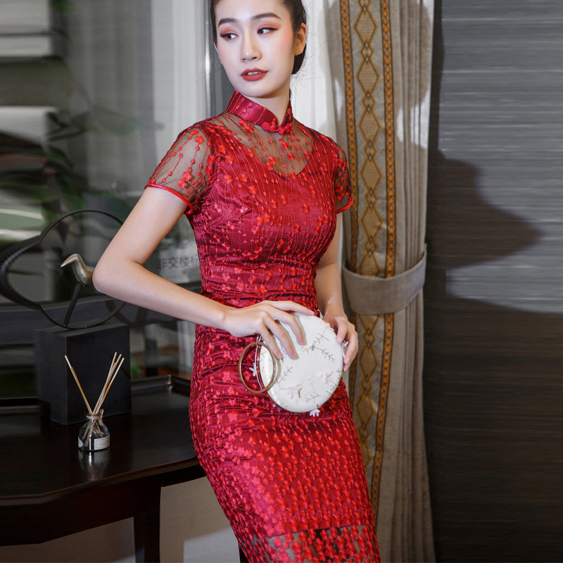夏季时尚修身风日常现代红色旗袍