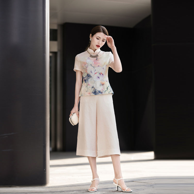 旗袍套装阔腿裤夏季中国风唐装女两件套夏天洋气短袖气质旗袍