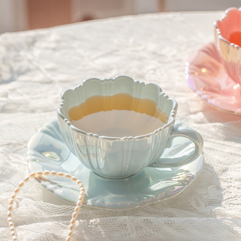 花瓣咖啡杯碟套装ins珍珠人鱼姬陶瓷水杯礼品杯子下午茶马克杯女 个性定制/设计服务/DIY 咖啡杯 原图主图