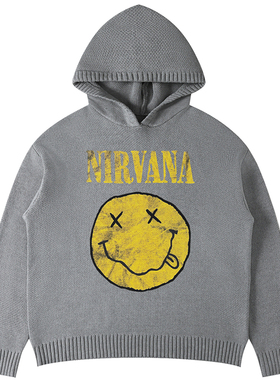2025新款Nirvana涅槃乐队朋克摇滚美式针织衫复古灰色连帽毛衣男