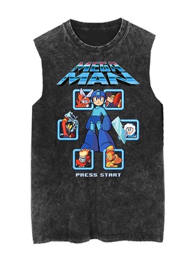 夏季1987洛克人Rockman经典卡通动漫游戏做旧水洗复古蜡染无袖T恤