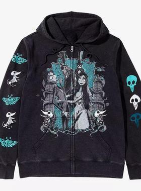 Corpse Bride僵尸新娘卡通动漫电影周边骷髅宽松直喷连帽卫衣秋