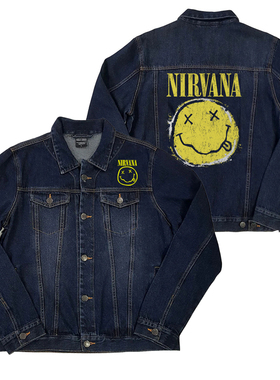 深蓝色翻领牛仔夹克Nirvana乐队涅槃摇滚欧美街头机车牛仔衫外套