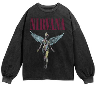 新Nirvana涅槃乐队爱心天使笑脸摇滚朋克男女美式水洗复古长袖T恤